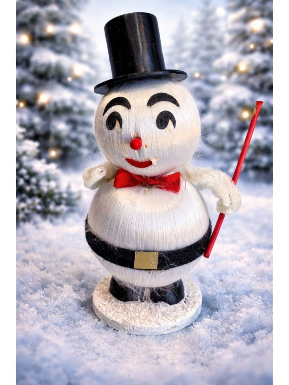 Vintage Japan Snowman Satin Body Felt Face Chenille Arms 39 Cent Sticker 6 1/2"